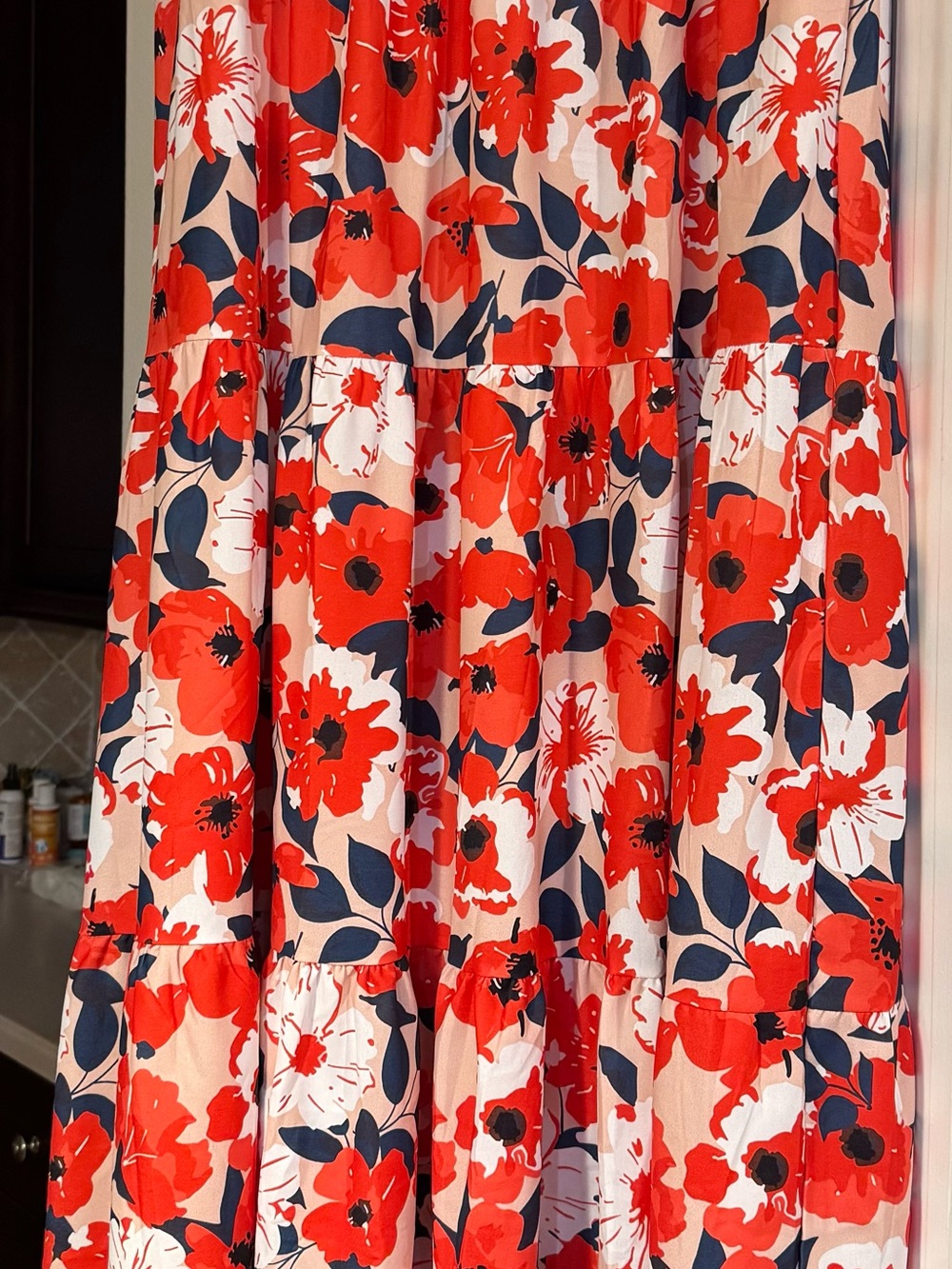 Tiered Floral Maxi Skirt in Red Floral Size XL